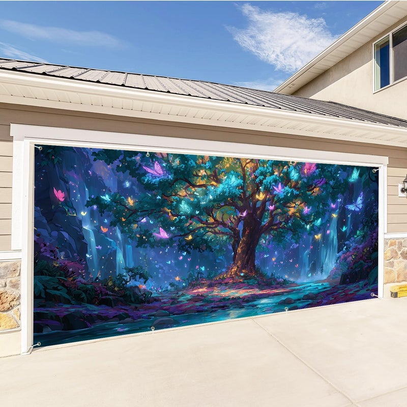 THISFIND Fantasy Forest Garage Door Banner – Colorful Tree & Butterfly Night Scene Mural for Outdoor Holiday or Year-Round Decor - Image 3